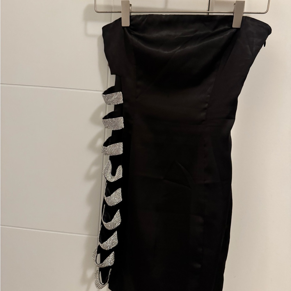 Meshki Black Strapless Dress with Rhinestone Details